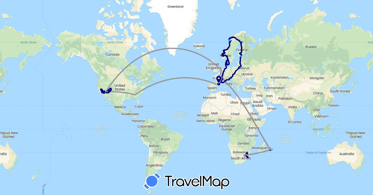 TravelMap itinerary: driving, bus, plane, cycling, train, hiking, boat in Austria, Germany, Denmark, Estonia, Spain, Finland, France, Italy, Lithuania, Latvia, Mauritius, Netherlands, Norway, Poland, Sweden, United States, South Africa (Africa, Europe, North America)